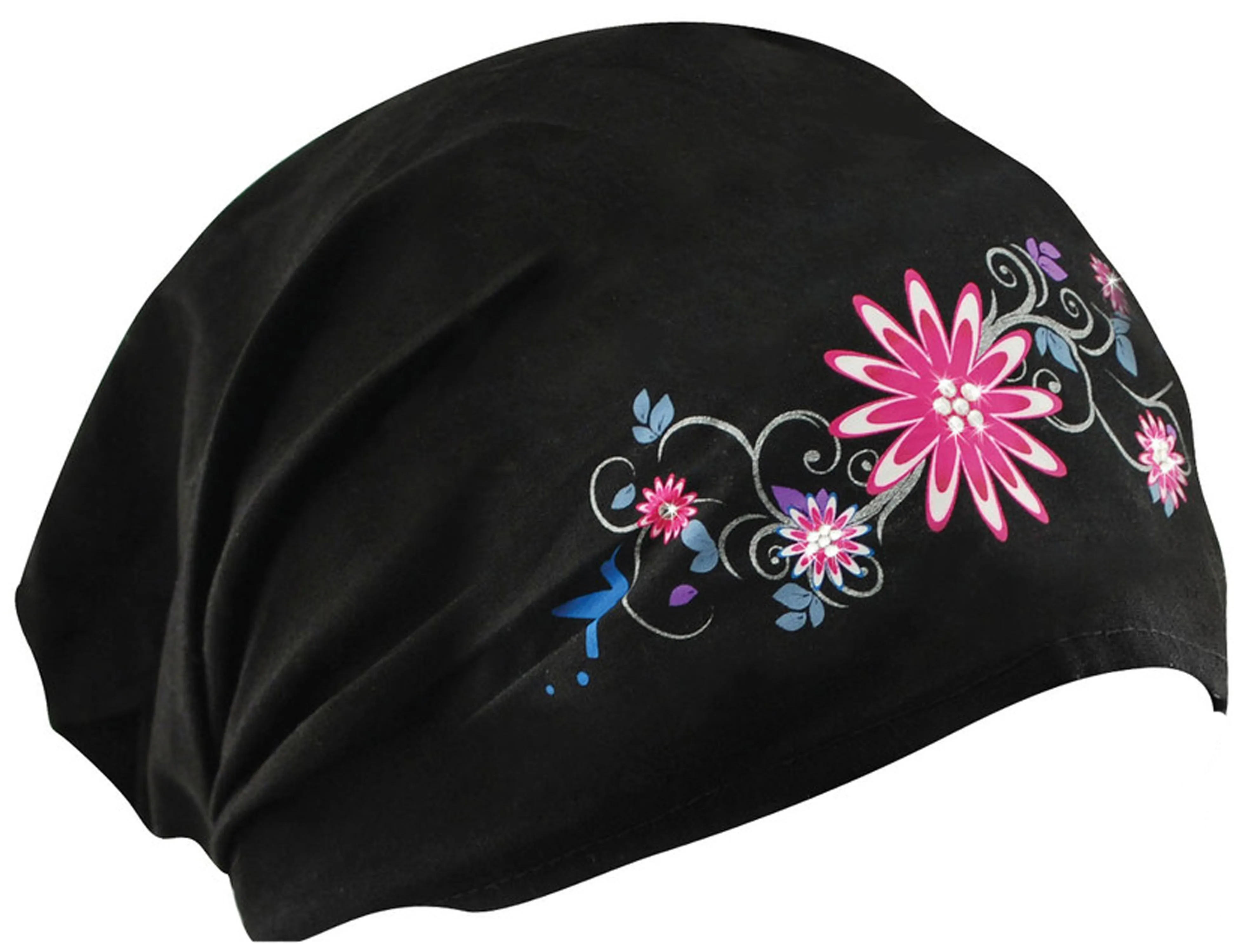 CLEARANCE Pretty Flowers and Black Headwrap Cotton Helmet Liner Motorcycle Bikers, Cyclists, Chemo Bald Head Cover