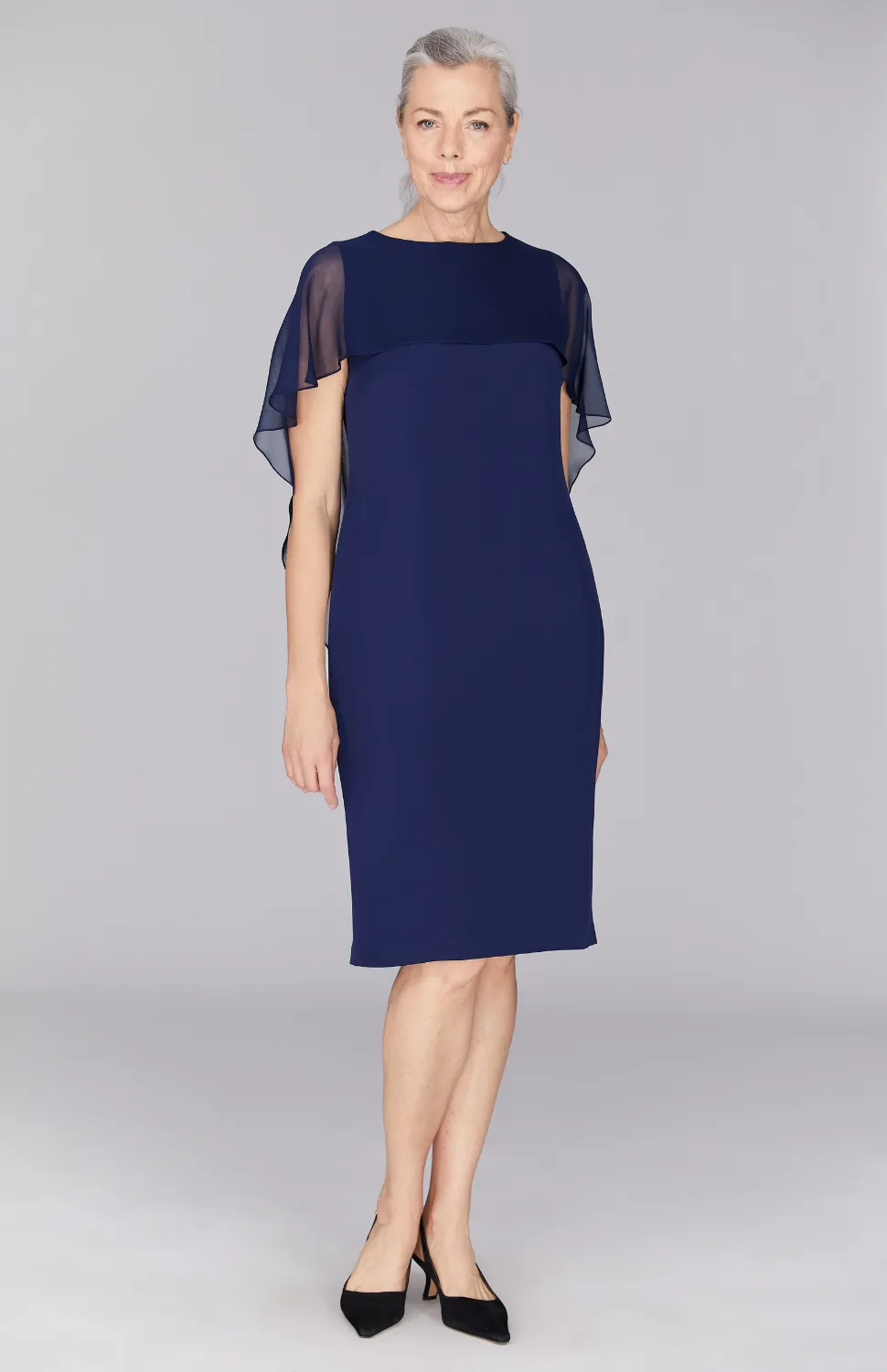 Silk Dress w/Chiffon High-Low Capelet
